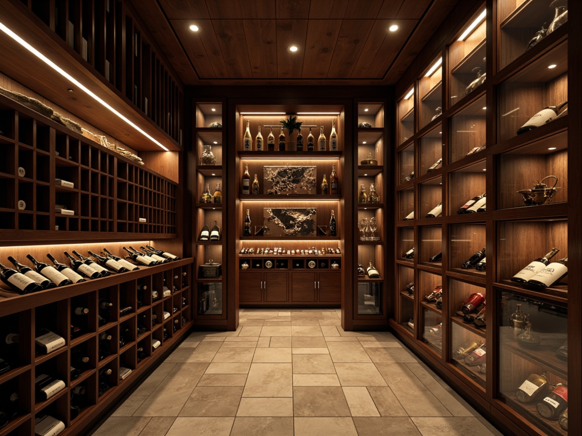 Prompt: Luxurious wine cellar, dark wood shelving, ambient warm lighting, climate-controlled environment, precise temperature regulation, humidity monitoring system, sleek metal racks, glass-enclosed wine displays, rich leather-bound storage bins, stone walls, dimly lit aisles, soft background music, 1/1 composition, shallow depth of field, realistic reflections.