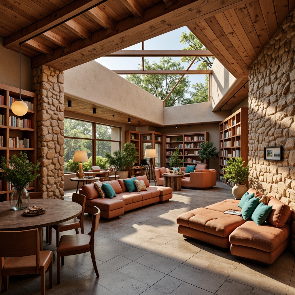 Prompt: Southwestern-style library, warm earthy tones, natural stone walls, wooden beam ceilings, rustic metal fixtures, vibrant turquoise accents, comfortable reading nooks, cozy corner seating, floor-to-ceiling bookshelves, warm soft lighting, table lamps, pendant lights, LED track lighting, ambient glow, sunny day, clerestory windows, skylights, indirect natural light, softbox lighting, 1/2 composition, shallow depth of field.