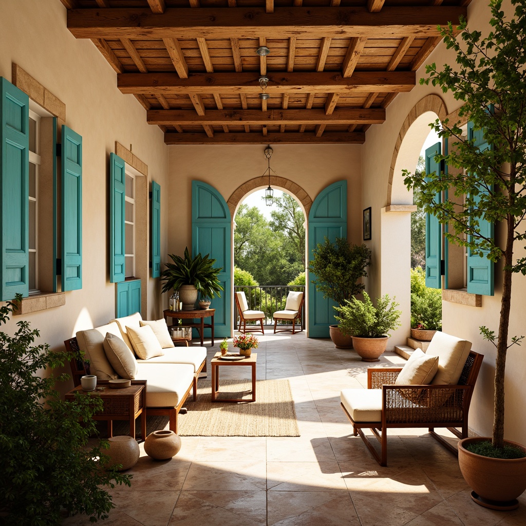 Prompt: Warm Mediterranean villa, soft beige stucco walls, rustic wooden beams, ornate tile floors, turquoise accents, cerulean blue shutters, lush greenery, vibrant bougainvillea flowers, natural stone archways, distressed wood furniture, woven rattan textiles, sun-kissed terracotta pottery, warm golden lighting, shallow depth of field, 1/2 composition, romantic ambiance, soft focus, earthy tones.