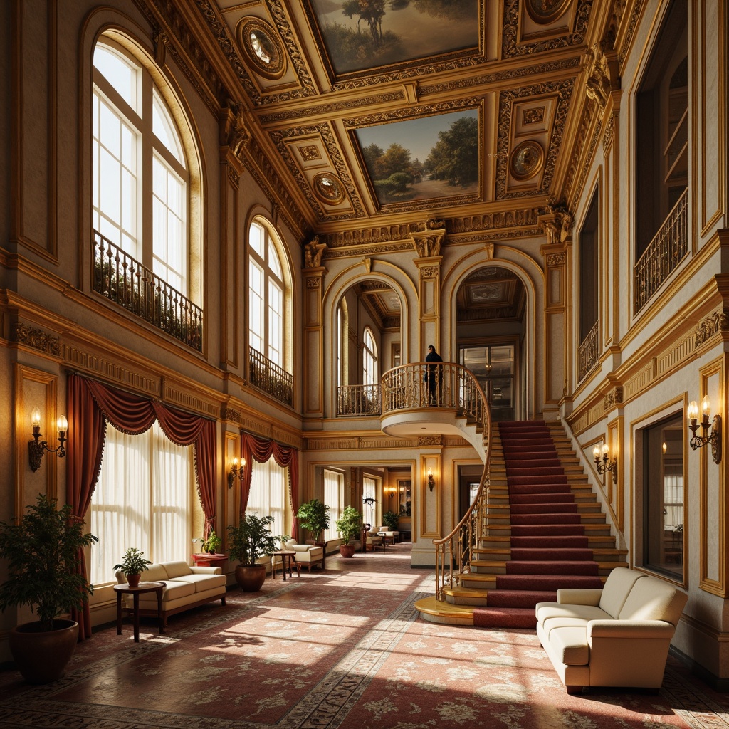 Prompt: Grandiose palace interior, opulent furnishings, intricate carvings, gilded ornaments, ornate mirrors, lavish chandeliers, plush velvet fabrics, rich wood paneling, curved lines, Baroque-inspired architecture, soft warm lighting, warm beige color palette, golden accents, luxurious textiles, delicate patterns, French Rococo style, 18th-century European elegance, detailed moldings, grand staircases, sweeping drapery, lavish decorations, sophisticated ambiance, high-contrast rendering, cinematic composition.