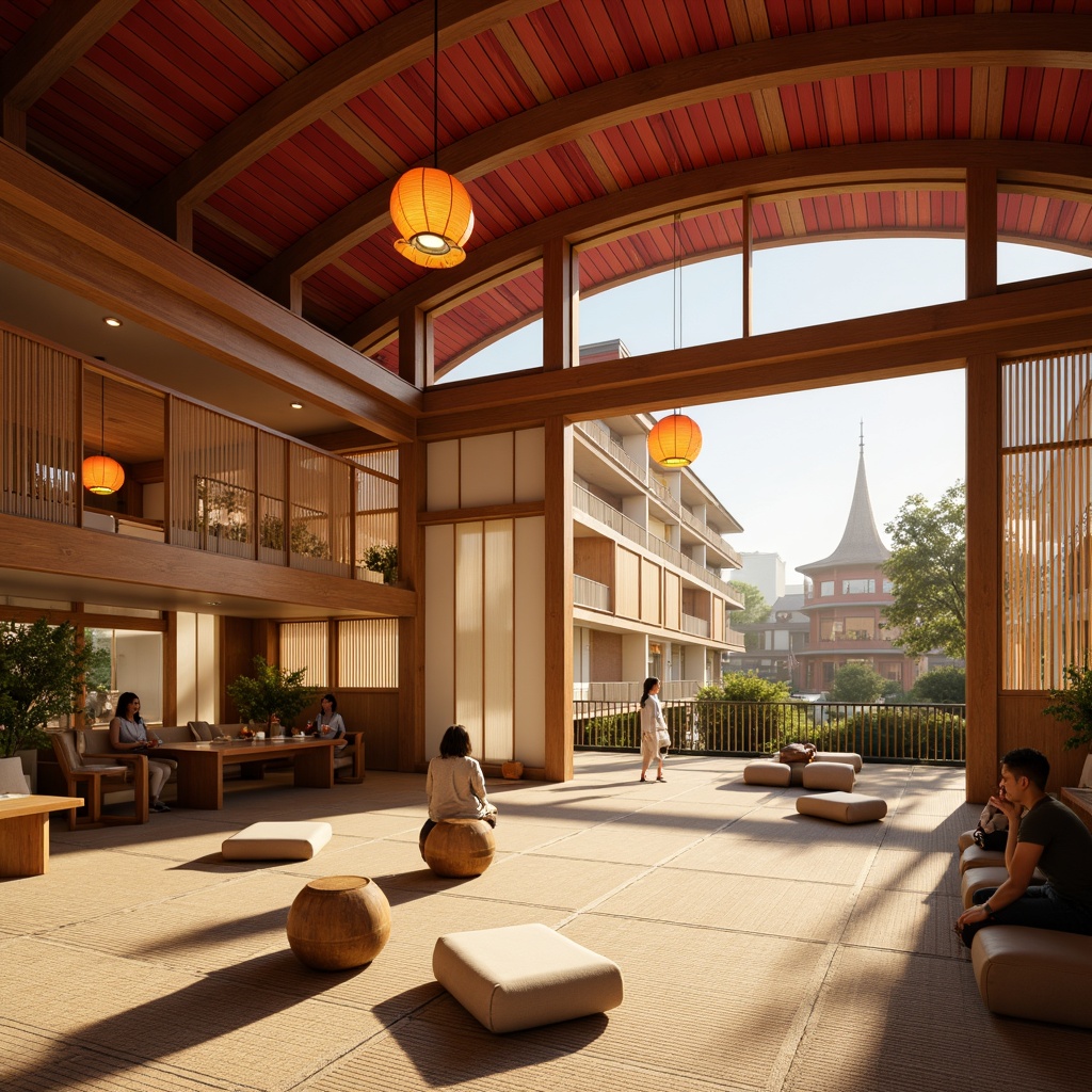 Prompt: Serenity-filled community center, traditional Asian architecture, curved rooflines, vibrant red accents, lantern-inspired lighting fixtures, warm golden illumination, soft diffused light, natural ventilation systems, wooden sliding doors, rice paper screens, minimalist decor, low-seating areas, tatami mats, shoji windows, peaceful ambiance, warm beige tones, subtle texturing, morning sunlight, gentle shadows, 1/2 composition, cinematic depth of field, realistic material rendering.