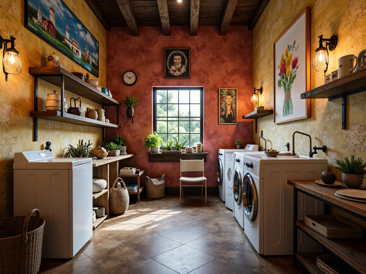 Prompt: Rustic laundry room, textured walls, distressed finishes, bold color schemes, eclectic decorative accents, postmodern architectural elements, abstract art pieces, ornate metal fixtures, vintage washing machines, nostalgic drying racks, soft warm lighting, shallow depth of field, 1/1 composition, realistic textures, ambient occlusion.