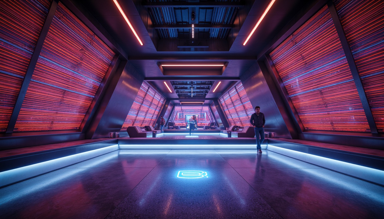 Prompt: Futuristic interior, sleek metal light fixtures, neon-lit ambiance, glowing accents, holographic displays, LED strip lighting, angular lines, minimalist design, modern futuristic decor, ambient occlusion, high-contrast lighting, dramatic shadows, polished chrome finishes, geometric patterns, vibrant colorful hues, soft warm glow, shallow depth of field, 3/4 composition, panoramic view, realistic textures.