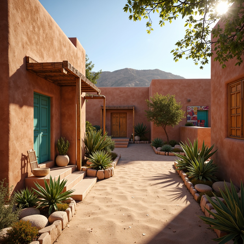 Prompt: Earthy adobe buildings, warm terracotta tones, turquoise accents, rustic wooden doors, vibrant Native American patterns, sandy beige floors, natural stone walls, colorful woven textiles, lush greenery, cacti plants, warm sunny day, soft golden lighting, shallow depth of field, 3/4 composition, panoramic view, realistic earthy textures, ambient occlusion.