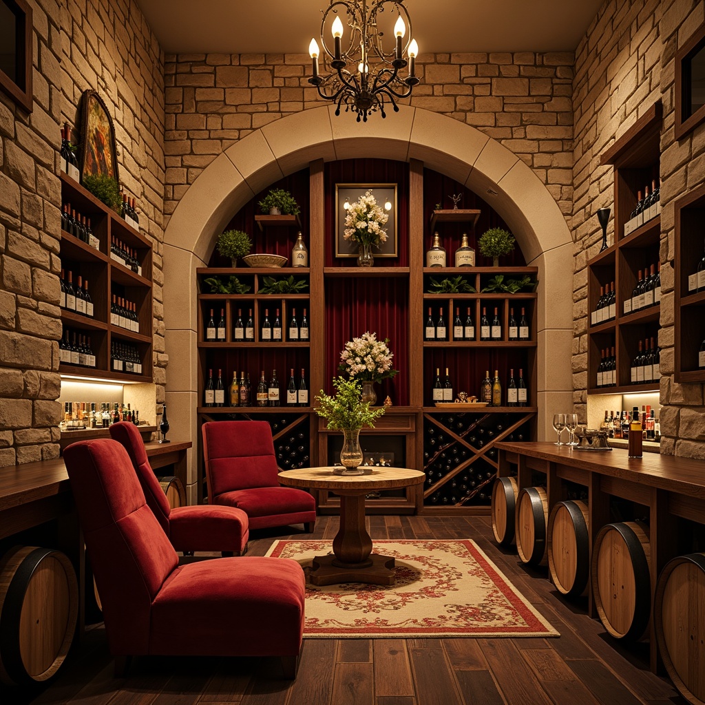 Prompt: Rich wine cellar, earthy tones, warm wood accents, luxurious velvet fabrics, dimly lit atmosphere, soft golden lighting, rustic stone walls, wooden wine crates, elegant metal racks, vintage wine barrels, rich leathers, dark wood flooring, cozy seating areas, intimate ambiance, warm beige colors, deep crimson hues, burgundy reds, soft cream whites, natural stone textures, ornate metal details, subtle sheen finishes, atmospheric misting effects.