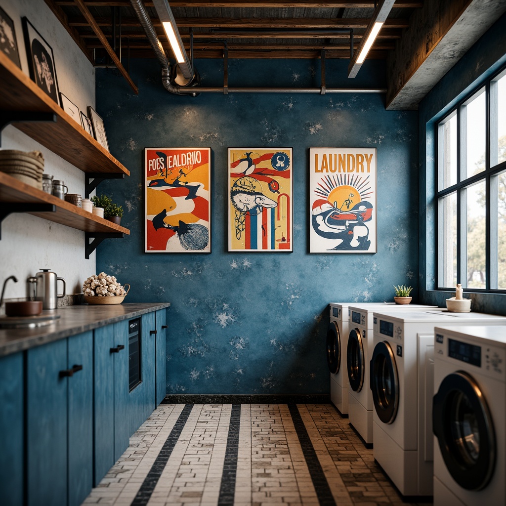 Prompt: Washed denim-blue walls, distressed textures, industrial pipes, metal mesh accents, reclaimed wood shelves, vintage washing machines, retro-style laundry signs, bold colorful stripes, abstract geometric patterns, soft warm lighting, shallow depth of field, 1/1 composition, intimate close-up shots, realistic fabric textures, subtle ambient occlusion.