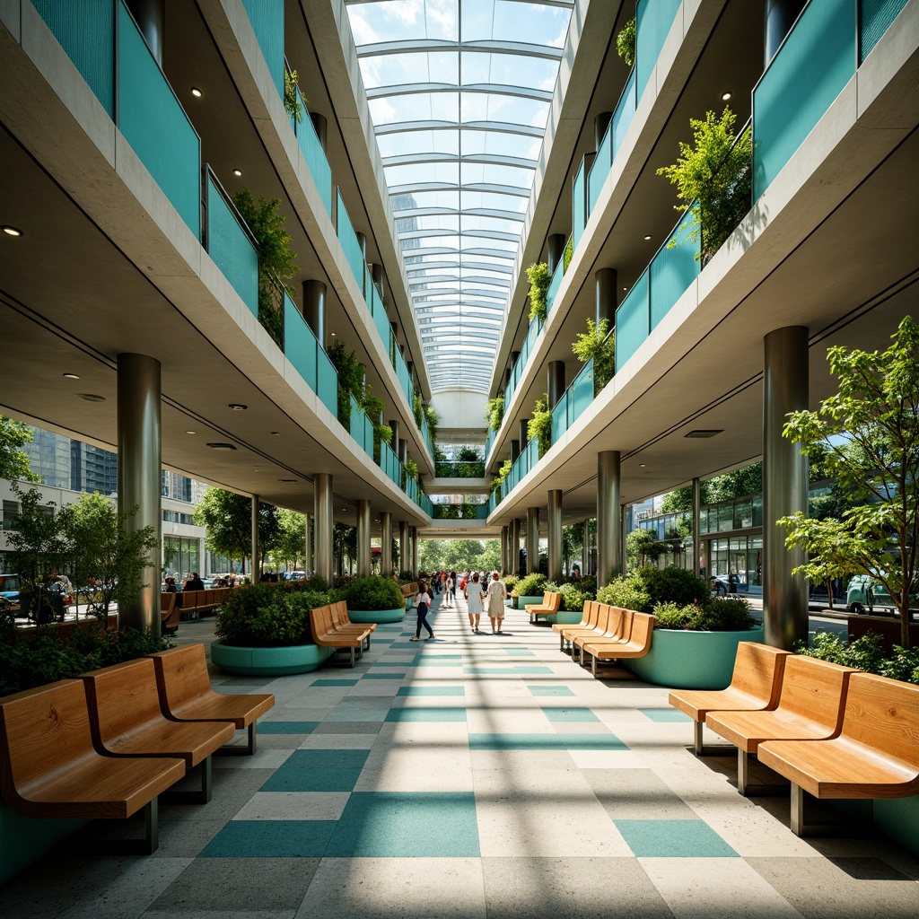 Prompt: Mid-century modern bus station, retro-futuristic architecture, sleek metal columns, curved wooden benches, vibrant turquoise accents, geometric patterned flooring, abundant natural light, clerestory windows, minimalist design, innovative seating arrangements, modular furniture systems, ergonomic chairs, built-in planters, lush greenery, urban jungle atmosphere, warm afternoon sunlight, soft shadows, 1/1 composition, shallow depth of field, realistic textures, ambient occlusion.