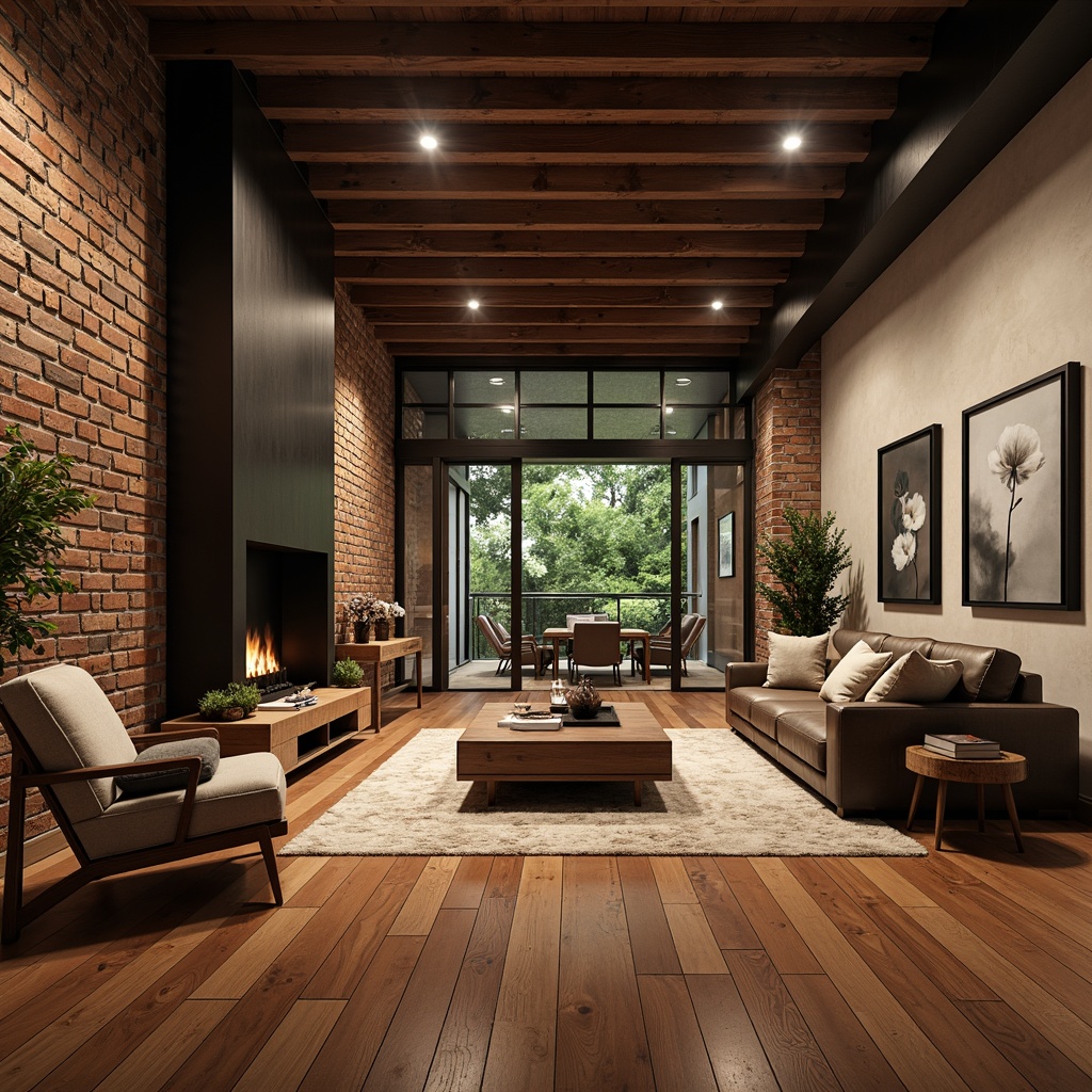 Prompt: Luxurious living room, hardwood flooring, dark wood tones, high-gloss finish, soft warm lighting, cozy atmosphere, plush area rugs, comfortable seating, modern interior design, urban loft style, industrial chic decor, exposed brick walls, minimalist aesthetic, sleek lines, polished concrete floors, metallic accents, eco-friendly materials, sustainable options, FSC-certified woods, natural textures, earthy tones, organic feel.