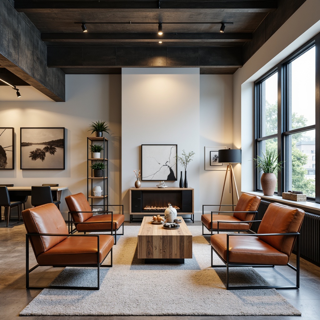 Prompt: Minimalist living room, industrial materials, sleek metal frames, leather upholstery, geometric patterns, bold color accents, functional simplicity, clean lines, rectangular shapes, tubular steel chairs, wooden tables, minimalist decor, urban loft atmosphere, natural light, overhead lighting, 3/4 composition, shallow depth of field, realistic textures, ambient occlusion.