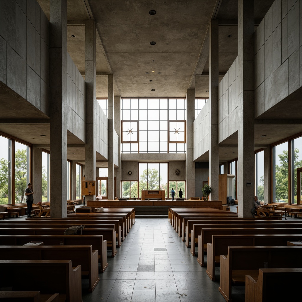 Prompt: Minimalist worship hall, geometric stained glass windows, brutalist concrete architecture, simplistic pews, modernist altar designs, abstract religious symbols, industrial pipe organs, dramatic natural light, high ceilings, open floor plans, symmetrical compositions, monochromatic color schemes, functional minimalism, sacred geometries, spiritual ambiance, soft diffused lighting, shallow depth of field, 1/1 composition, realistic textures, ambient occlusion.