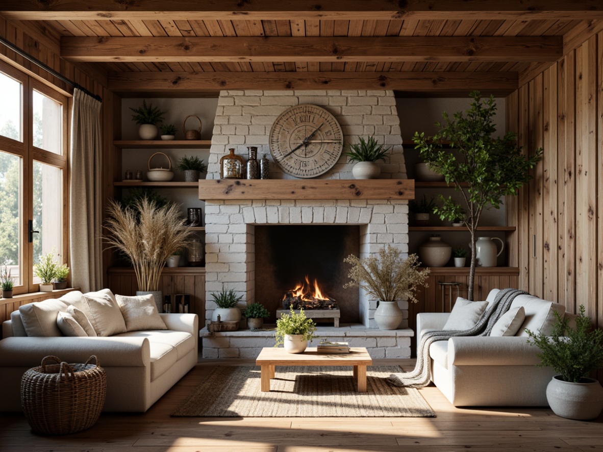 Prompt: Rustic farmhouse interior, reclaimed wood accents, natural stone walls, earthy color palette, vintage metal decorations, distressed finishes, plush textiles, woven baskets, ceramic vases, potted plants, warm soft lighting, cozy atmosphere, 1/1 composition, intimate shot, realistic textures, subtle ambient occlusion.