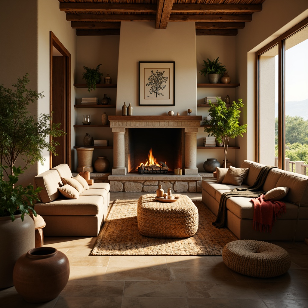 Prompt: Cozy living room, plush throw blankets, soft velvet sofas, woven baskets, natural fiber rugs, warm beige walls, crackling fireplace, rustic wooden accents, earthy terracotta vases, lush greenery, warm golden lighting, shallow depth of field, 1/1 composition, intimate atmosphere, realistic textures, ambient occlusion.