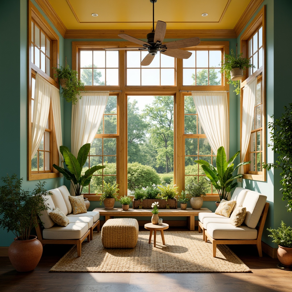 Prompt: Vibrant sunroom, warm natural light, lush greenery, bright yellow accents, sky blue walls, creamy white furniture, woven rattan chairs, jute rugs, earthy terracotta pots, natural wood trim, soft sheer curtains, ambient warm glow, shallow depth of field, 1/1 composition, realistic textures, subtle shadows.