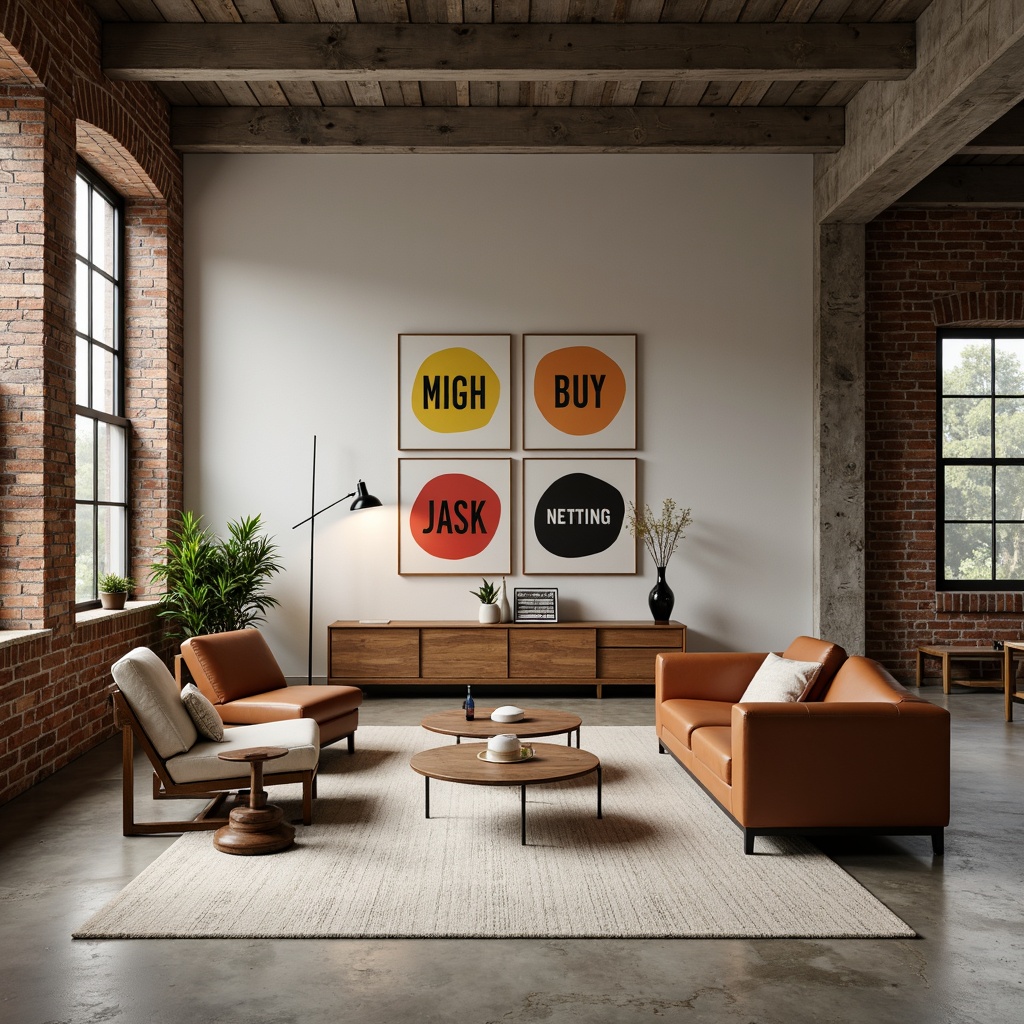 Prompt: Monochromatic Bauhaus interior, industrial chic aesthetic, exposed brick walls, polished concrete floors, minimalist furniture, geometric shapes, primary color accents, bold typography, functional lighting, metal frames, leather upholstery, rich wood tones, neutral beige background, subtle texture overlays, softbox lighting, 1/1 composition, realistic material rendering.