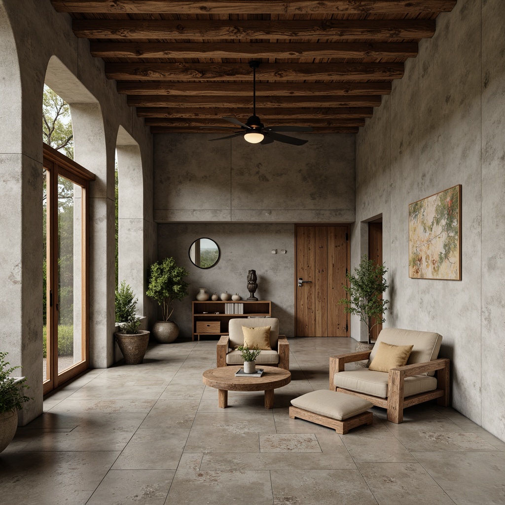 Prompt: Rustic farmhouse interior, exposed concrete walls, rough-hewn wooden beams, natural stone flooring, distressed metal accents, earthy color palette, industrial lighting fixtures, minimalist decor, brutalist architectural style, tactile textures, juxtaposed smooth and rough surfaces, warm ambient lighting, shallow depth of field, 1/1 composition, realistic renderings, subtle atmospheric effects.