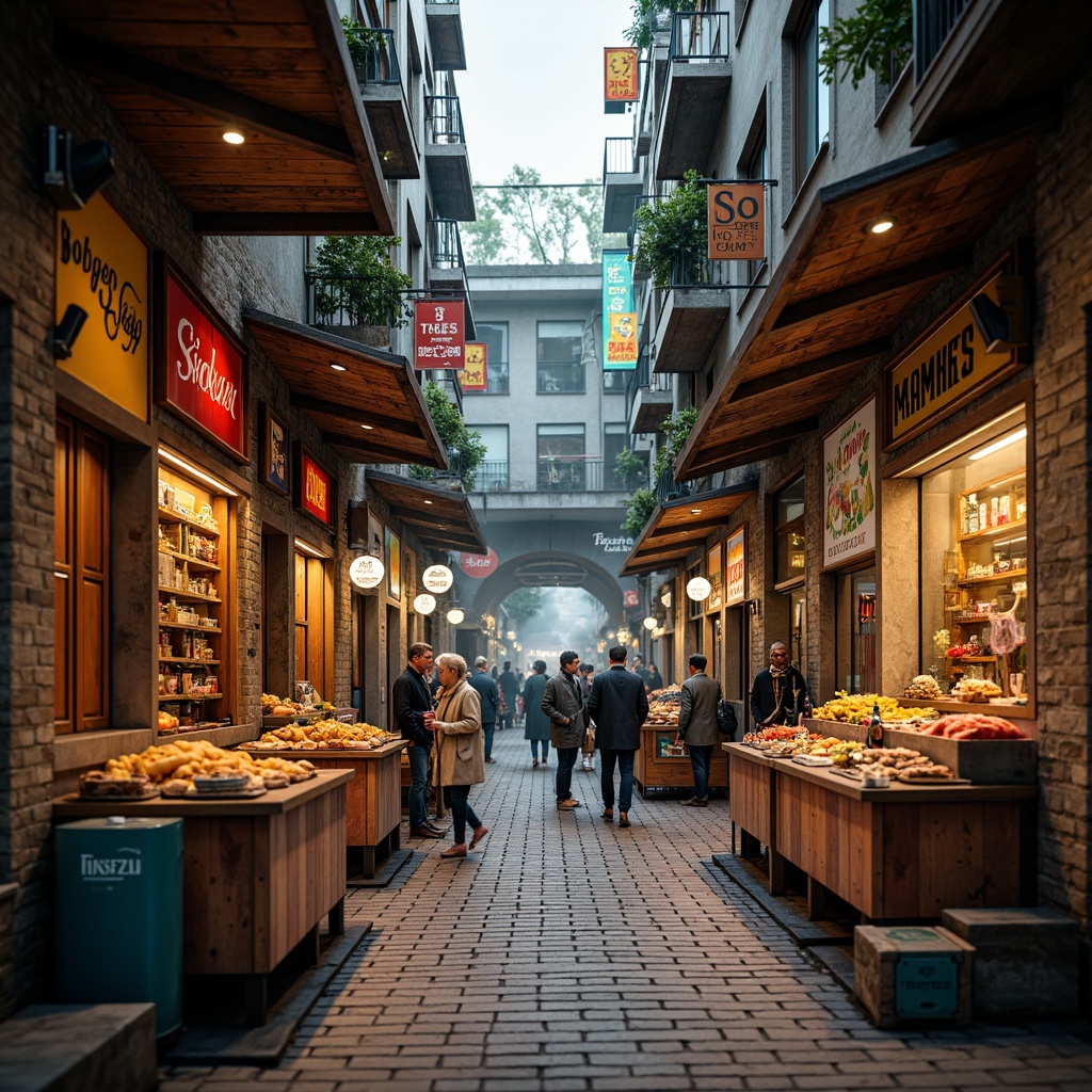 Prompt: Vibrant market vernacular, warm earthy tones, rich wooden accents, vintage metal signs, distressed stone walls, colorful textiles, eclectic pattern mixes, lively street food stalls, bustling crowds, natural light filtering, soft shadows, atmospheric smoke effects, shallow depth of field, 3/4 composition, cinematic color grading.