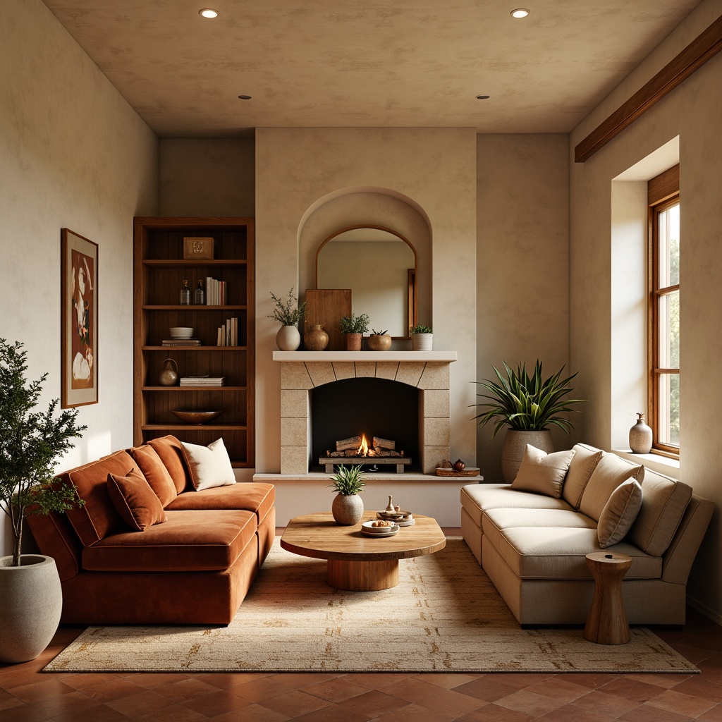 Prompt: Cozy living room, warm beige walls, rich walnut wood accents, plush velvet sofas, soft golden lighting, subtle texture patterns, earthy terracotta floors, natural stone fireplace, creamy white ceiling, calming atmosphere, soothing color harmony, 1/2 composition, shallow depth of field, realistic rendering.