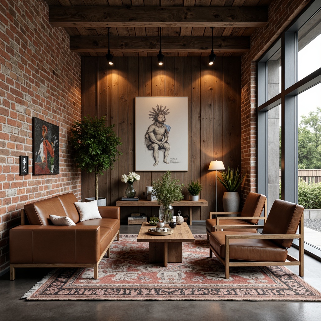 Prompt: Exposed brick walls, distressed wooden planks, natural stone textures, reclaimed wood accents, earthy color palette, organic patterns, rough-hewn wooden beams, industrial metal fixtures, matte finish, subtle lighting effects, warm atmospheric ambiance, cozy nooks, eclectic decorative objects, vintage-inspired accessories, richly toned leather furniture, plush area rugs, statement artwork pieces, modern minimalist decor.