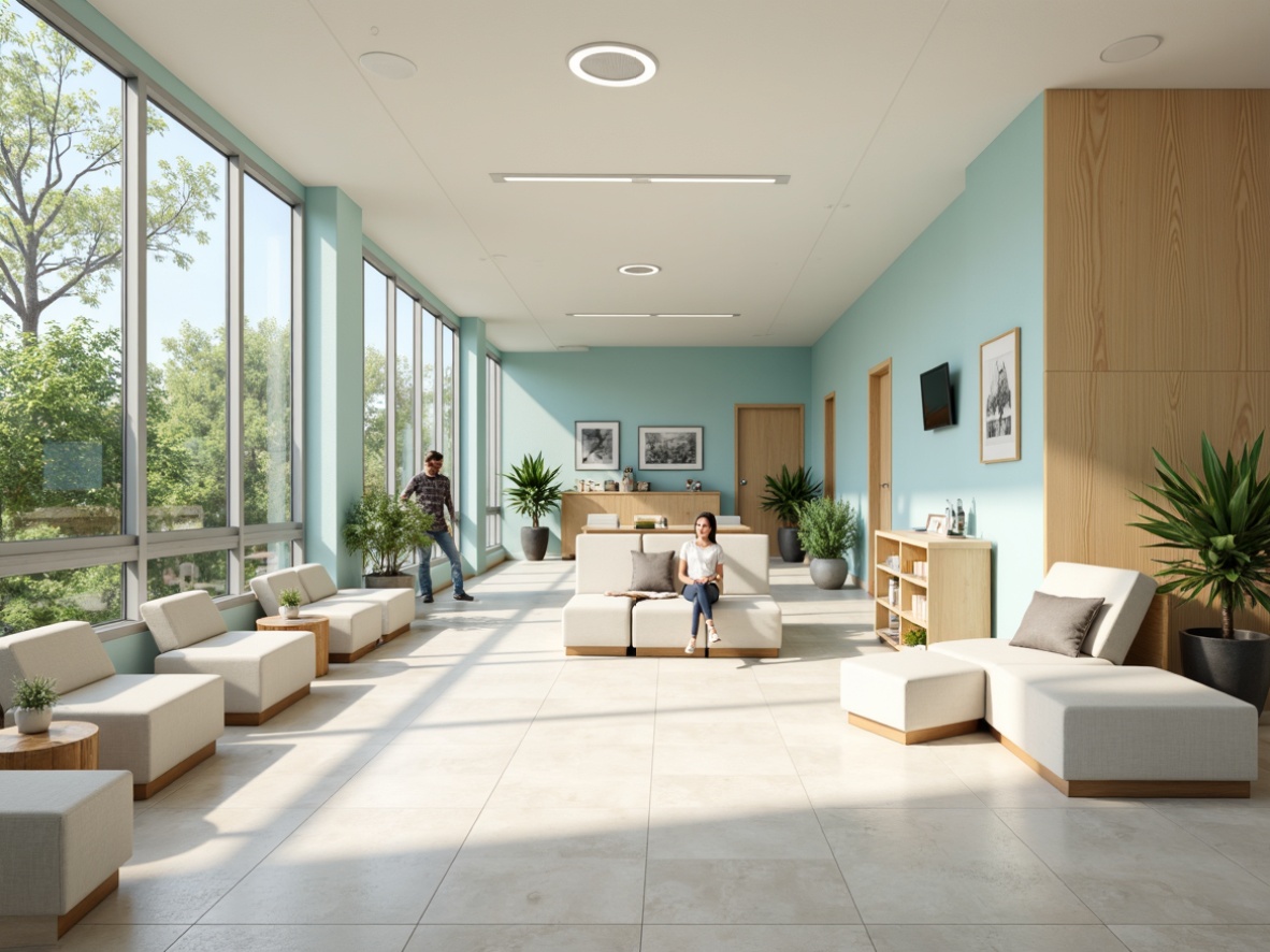 Prompt: Calming clinic interior, soft pastel colors, gentle blue hues, creamy whites, warm beige tones, natural wood accents, earthy brown undertones, soothing greenery, peaceful atmosphere, large windows, abundant natural light, subtle texture overlays, 3D rendered visualization, realistic material finishes, ambient occlusion, shallow depth of field, 1/1 composition, harmonious color harmony.