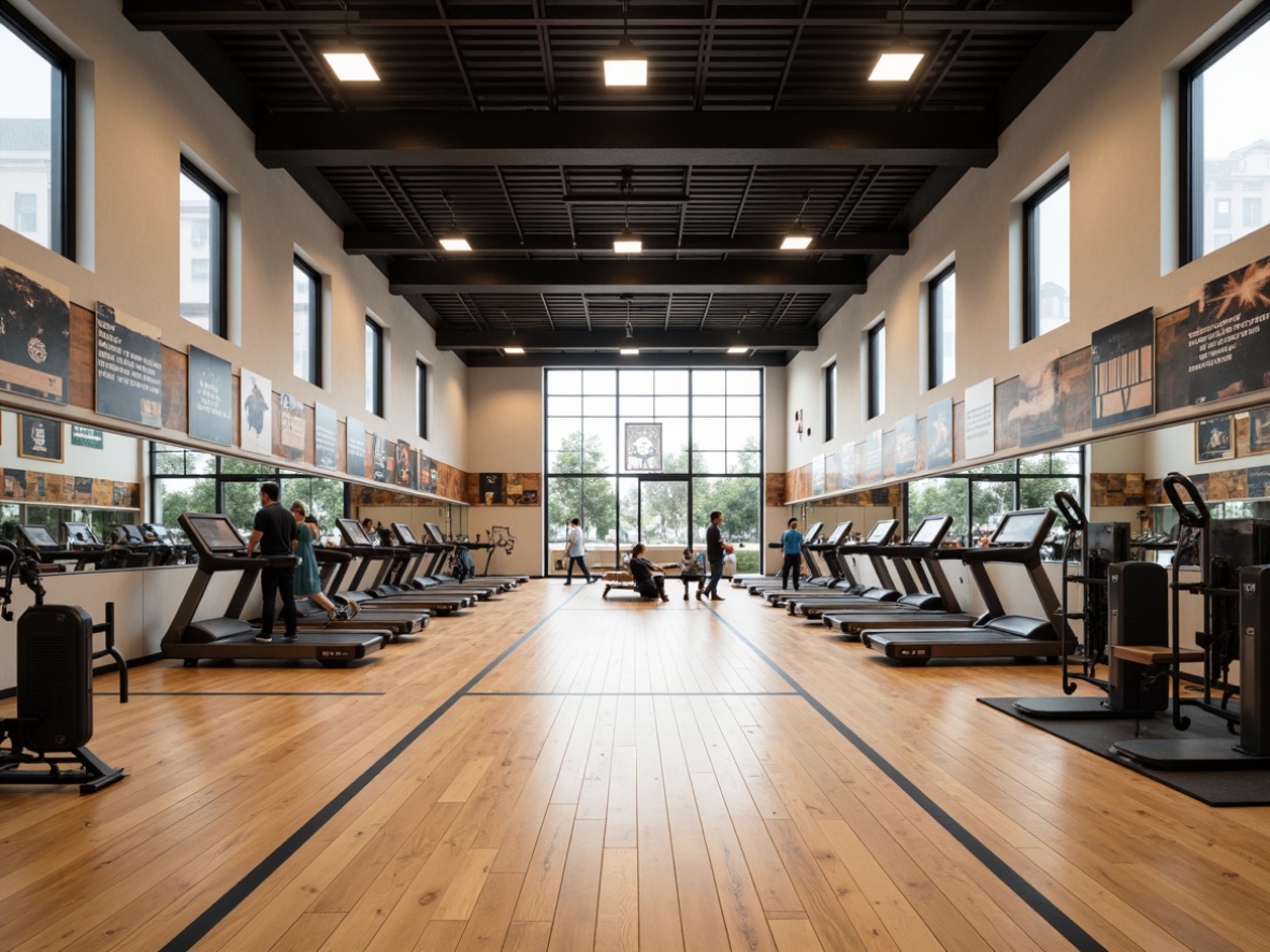 Prompt: Modern gymnasium interior, sleek wooden floors, mirrored walls, high ceilings, state-of-the-art equipment, free weights, treadmills, exercise machines, basketball hoops, volleyball nets, athletic tracks, sports-themed murals, natural light pouring in, motivational quotes, inspirational posters, clean lines, minimalist design, functional layout, efficient circulation paths, soft warm lighting, shallow depth of field, 3/4 composition, realistic textures, ambient occlusion.