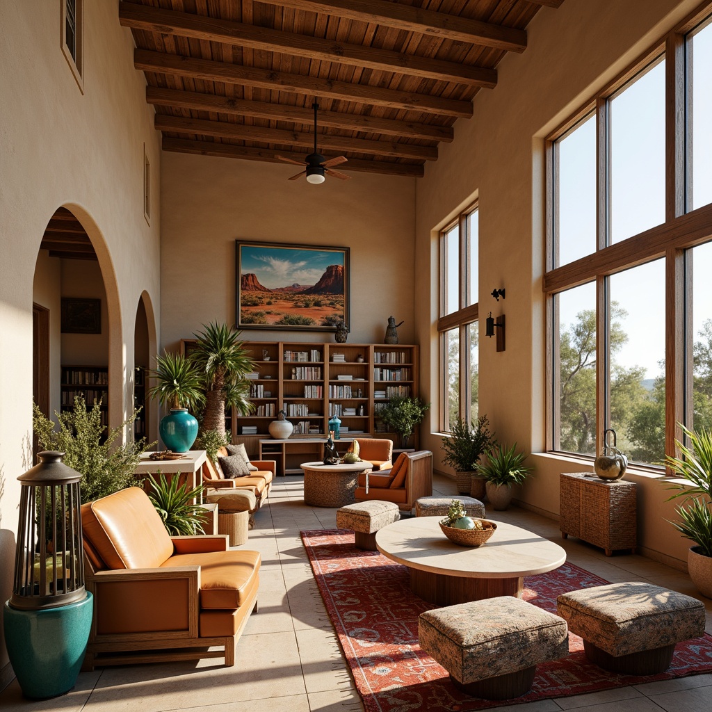 Prompt: Southwestern style library, warm beige walls, rustic wood accents, turquoise decorative elements, vibrant woven textiles, comfortable seating areas, plush sofas, wooden coffee tables, natural fiber rugs, desert-inspired artwork, cactus-shaped bookshelves, earthy tone leather armchairs, geometric patterned ottomans, soft warm lighting, cozy reading nooks, large windows with arid landscape views, rustic metal lanterns, organic shape wooden desks, woven basket storage units, terra cotta planters, vintage-inspired decorative accessories.