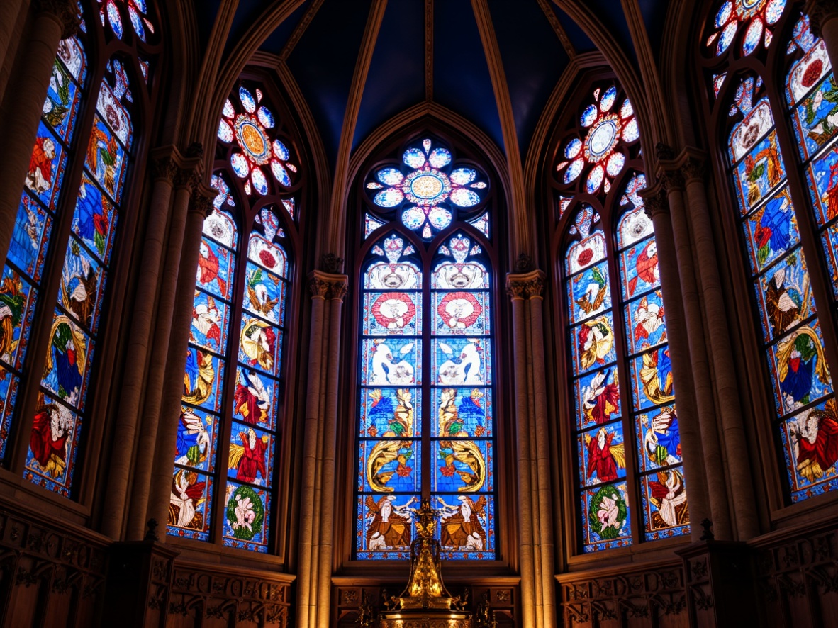 Prompt: Vibrant stained glass windows, kaleidoscope colors, intricate designs, ornate patterns, Gothic architecture, grand cathedrals, majestic ceilings, luminous lighting, warm ambient glow, detailed textures, realistic reflections, shallow depth of field, 1/1 composition, symmetrical framing, artistic abstraction.