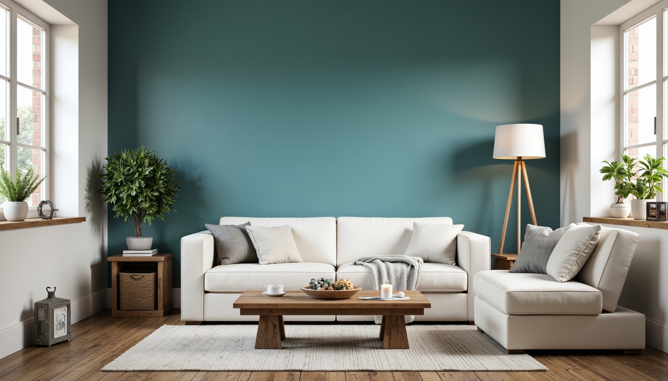 Prompt: \Cerulean blue accent wall, creamy white furniture, rustic wooden floors, natural linen textiles, potted greenery, vintage nautical decor, distressed metal accents, soft warm lighting, 1/1 composition, realistic textures, ambient occlusion, serene atmosphere, peaceful ambiance.\Let me know if you need any adjustments or modifications!