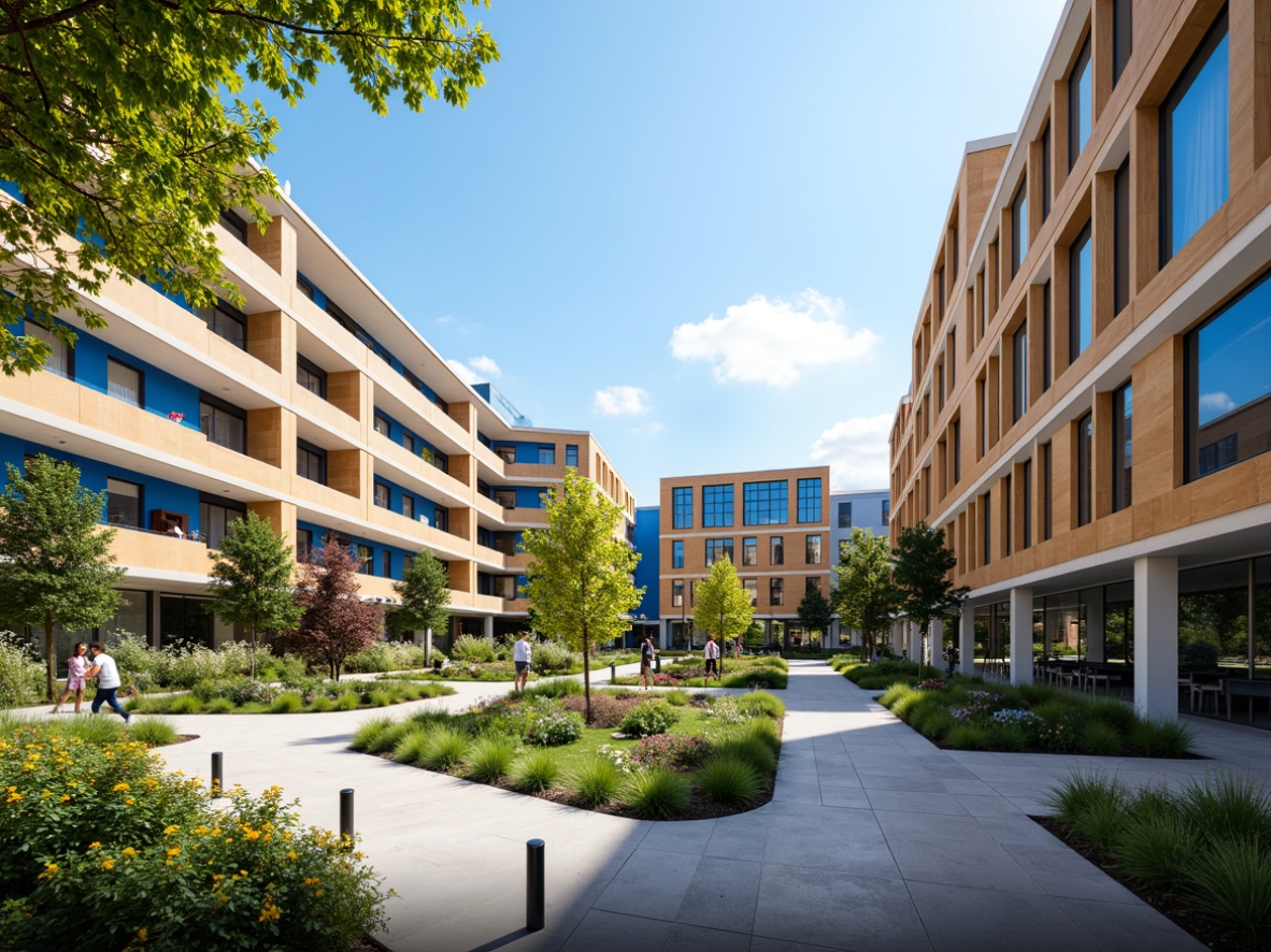 Prompt: Vibrant university campus, modern educational buildings, bright blue accents, warm beige tones, rich wood textures, sleek metal fixtures, innovative glass installations, natural stone pathways, lush greenery, blooming flowers, sunny day, soft warm lighting, shallow depth of field, 3/4 composition, panoramic view, realistic textures, ambient occlusion.