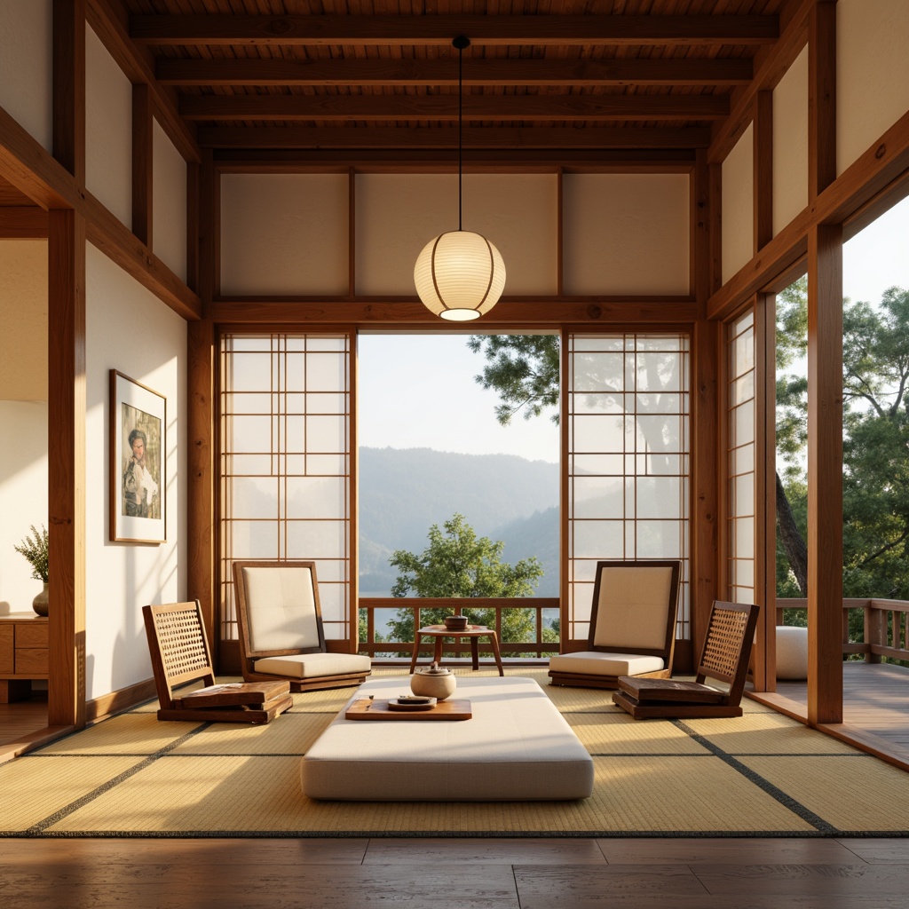 Prompt: Traditional Japanese tatami mats, sliding shoji screens, natural wood accents, paper lanterns, intricately carved wooden furniture, woven bamboo chairs, minimalist decor, serene ambient lighting, soft warm tones, shallow depth of field, 1/1 composition, realistic textures, subtle animations, authentic Asian-inspired patterns, vibrant cultural colors, elegant calligraphy, soothing nature sounds.