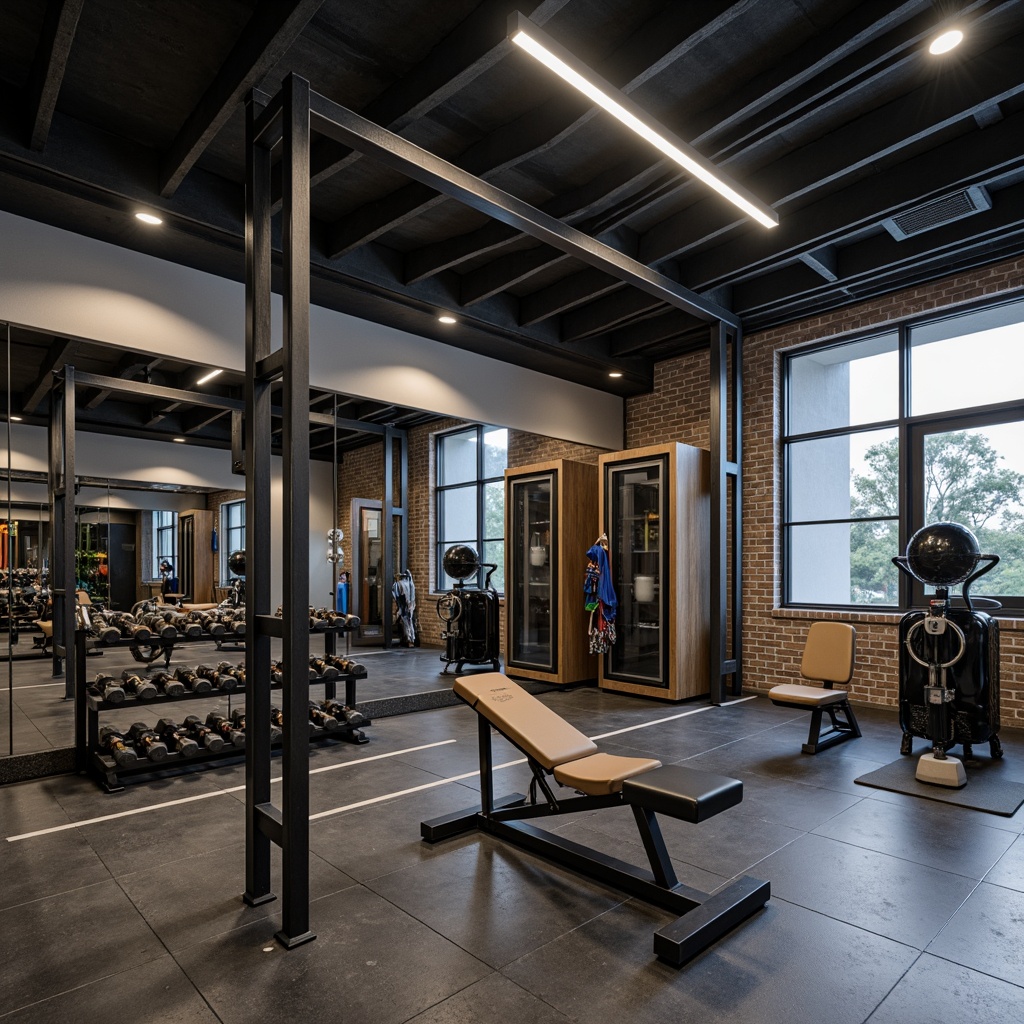 Prompt: Modern home gym, sleek metal equipment, rubber flooring, mirrored walls, adjustable lighting, ventilated systems, compact storage units, wall-mounted racks, foldable benches, dumbbell sets, resistance bands, yoga mats, medicine balls, jump ropes, floor-to-ceiling shelves, transparent storage bins, ergonomic design, soft ambient lighting, 1/1 composition, shallow depth of field, realistic textures.