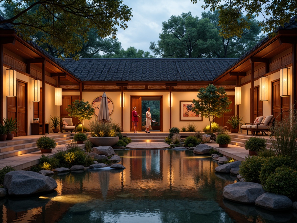 Prompt: Traditional Asian-style community center, warm lantern lighting, soft diffused glow, paper lanterns, natural wood accents, intricate carvings, vibrant red decorations, golden ornaments, serene courtyard, lush greenery, peaceful water features, koi ponds, tranquil ambiance, warm beige walls, traditional tile roofs, cultural heritage elements, subtle lighting effects, gentle shadows, 1/1 composition, realistic textures, ambient occlusion.