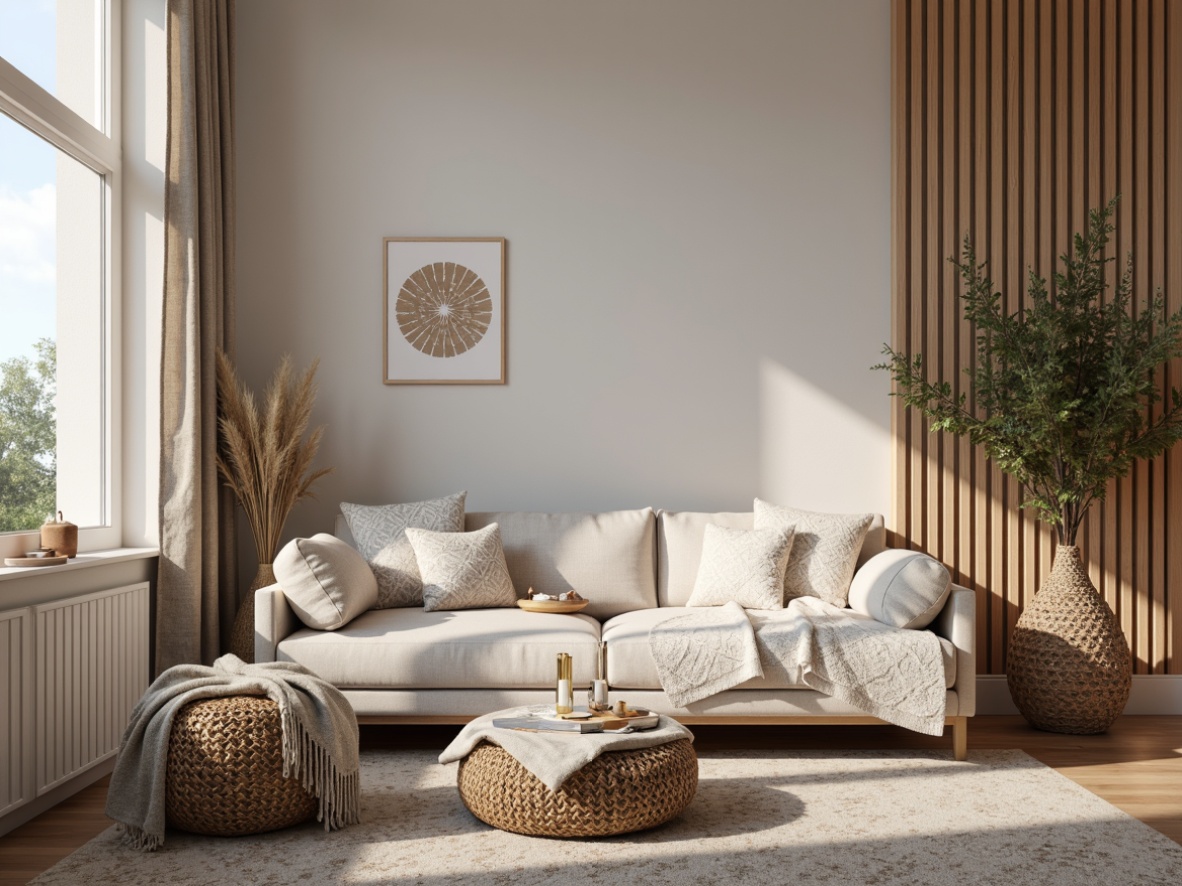 Prompt: Cozy Nordic living room, plush throw blankets, woven baskets, natural fibers, earthy tones, minimalist decor, wooden accents, warm candlelight, snowflake patterns, soft pastel hues, tactile fabrics, geometric shapes, functional storage ottomans, organic textures, inviting atmosphere, 1/1 composition, intimate lighting, realistic renderings.