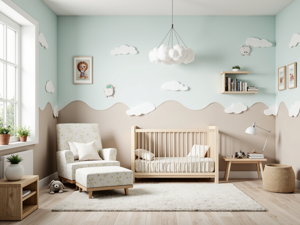 Prompt: Soft pastel hues, gentle baby blue, creamy whites, warm beige tones, adorable animal patterns, whimsical cloud designs, delicate florals, calming nursery atmosphere, cozy reading nooks, plush area rugs, natural wood furniture, soothing ambient lighting, 1/1 composition, shallow depth of field, realistic textures, subtle gradient effects.