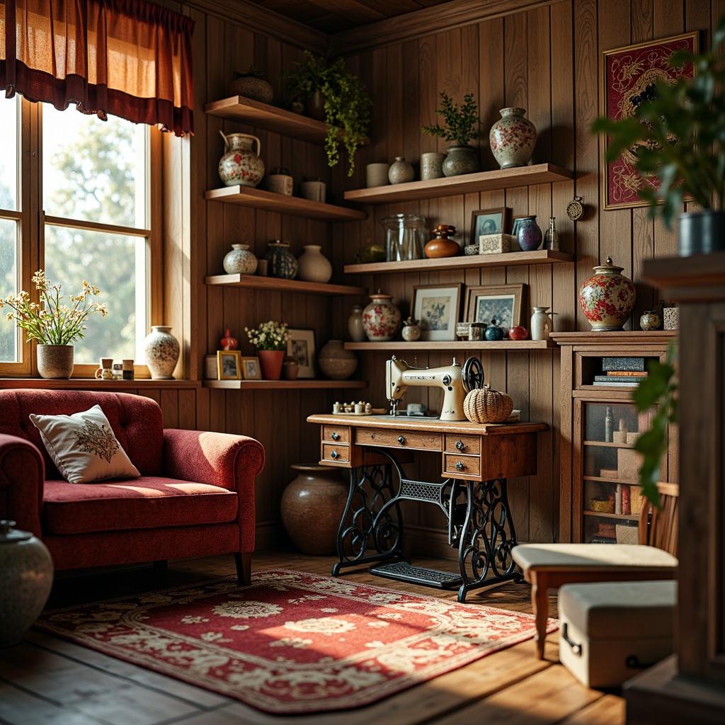 Prompt: Cozy craft room, warm wooden floors, ornate carved furniture, plush velvet fabrics, intricate lace patterns, delicate ceramic vases, vintage sewing machines, colorful threads and yarns, rustic wooden shelves, distressed finishes, soft golden lighting, shallow depth of field, 1/2 composition, realistic textures, ambient occlusion.