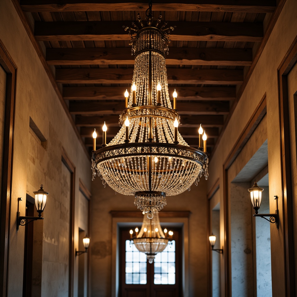 Prompt: \Elegant chandeliers, ornate metalwork, crystal droplets, warm soft glow, rustic wooden beams, vintage-inspired lanterns, distressed finishes, earthy color palette, natural stone walls, classic architectural details, refined luxurious ambiance, grand high ceilings, symmetrical composition, subtle warm lighting, realistic textures, ambient occlusion.\