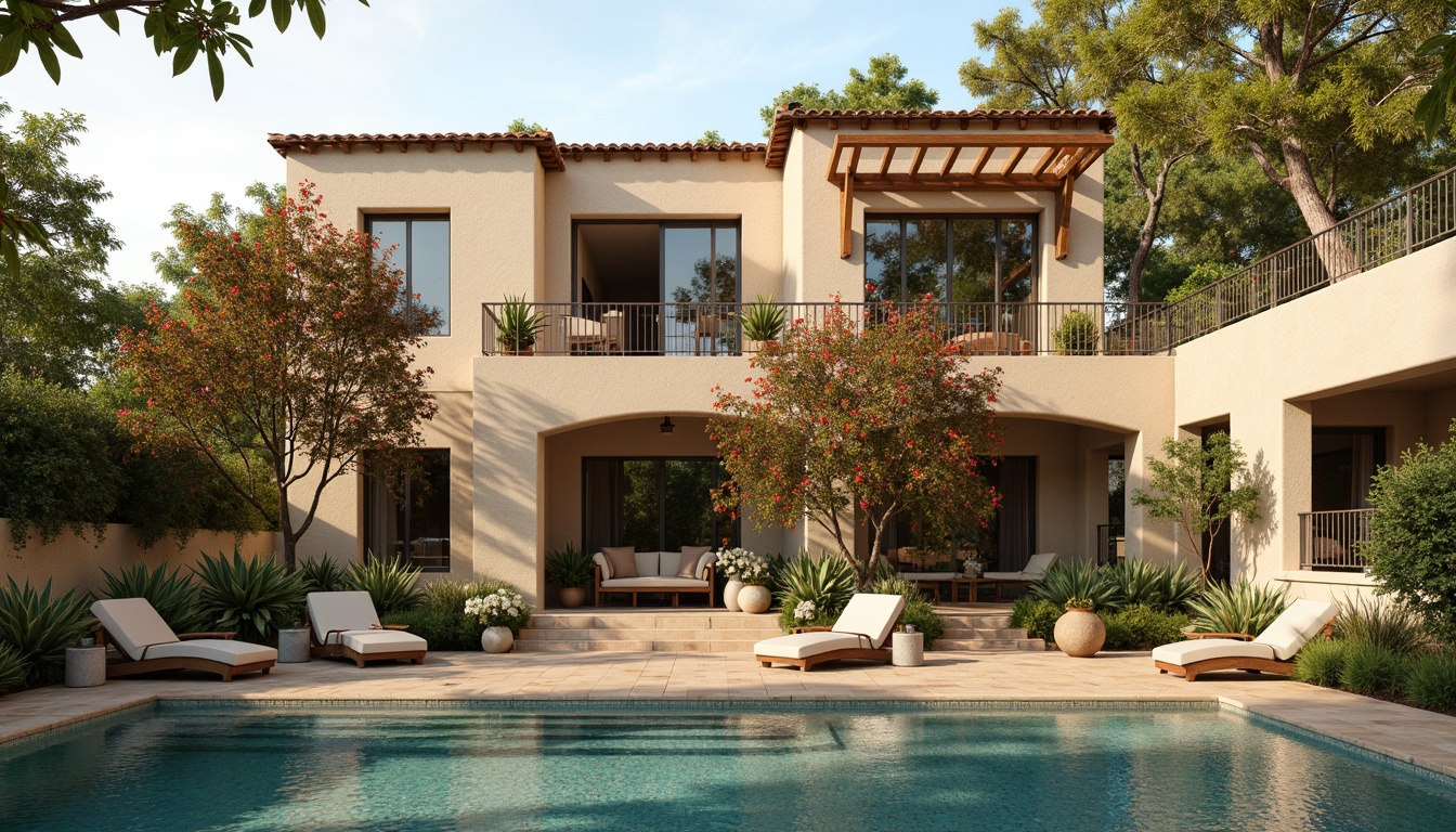 Prompt: Warm Mediterranean villa, soft beige stucco walls, rustic terracotta roof tiles, lush greenery, vibrant bougainvillea flowers, ornate wrought iron balconies, decorative ceramic tiles, calming turquoise waters, serene sunny day, warm golden lighting, shallow depth of field, 3/4 composition, panoramic view, realistic textures, ambient occlusion.