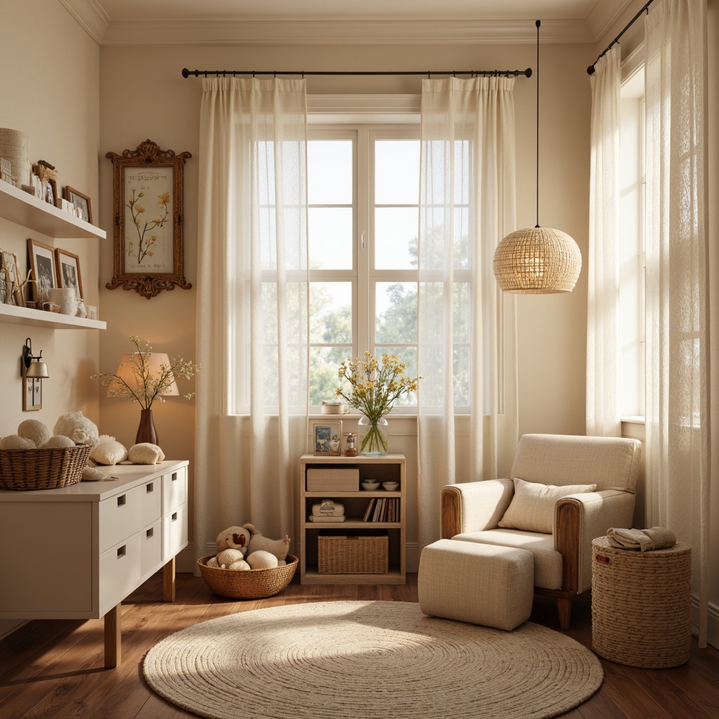 Prompt: Cozy baby nursery, warm beige walls, soft cream-colored furniture, gentle pastel hues, delicate lace curtains, natural wood accents, woven baskets, plush area rugs, sweet vintage decor, rustic metal lanterns, warm table lamps, creamy string lights, softbox lighting, 1/2 composition, intimate atmosphere, relaxed mood, nostalgic feel, warm color palette.