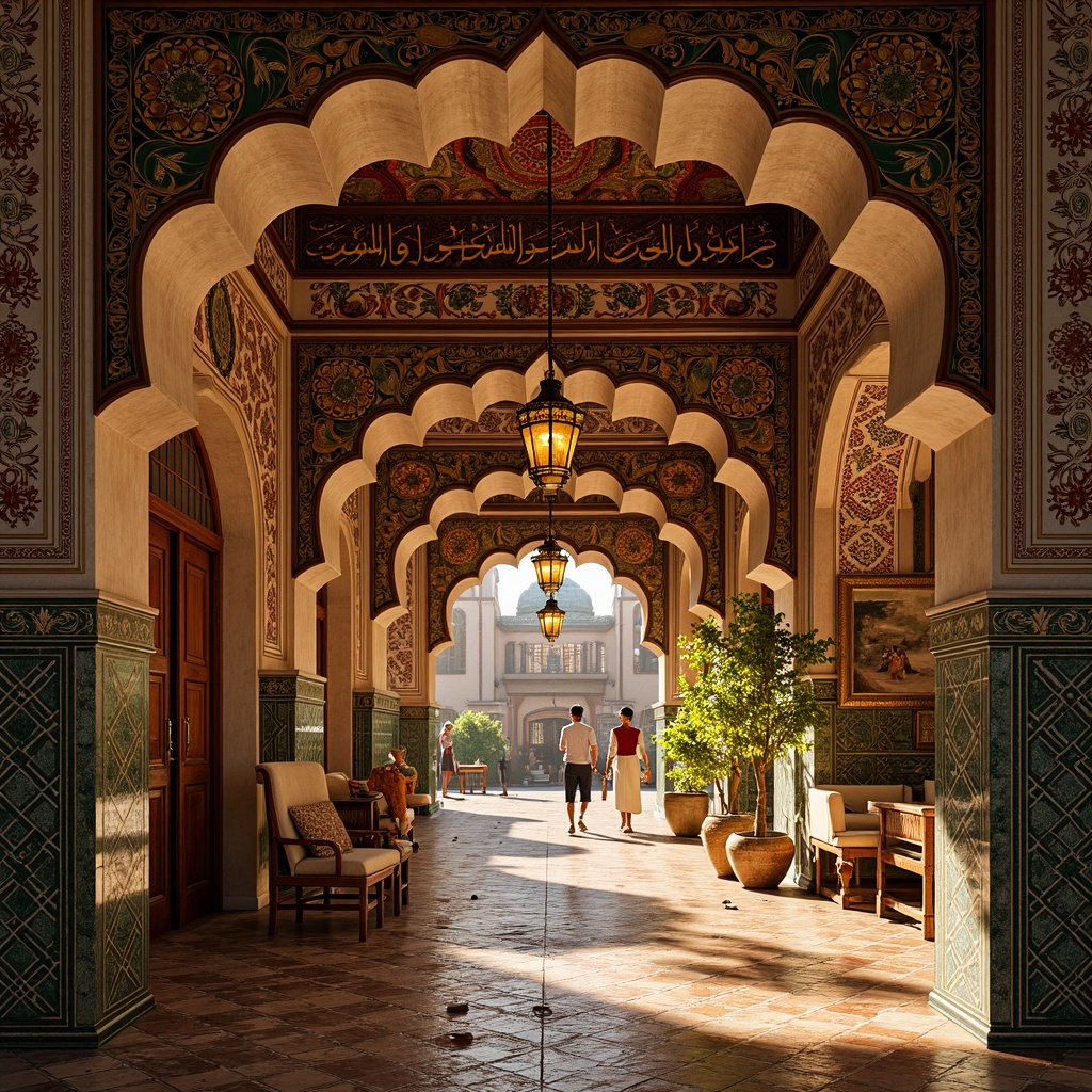 Prompt: Intricate tilework, ornate calligraphy, majestic archways, vibrant textiles, rich cultural patterns, ancient traditions, mystical symbolism, ornamental lanterns, traditional instruments, colorful ceramics, warm golden lighting, shallow depth of field, 1/1 composition, nostalgic atmosphere, realistic textures, ambient occlusion.