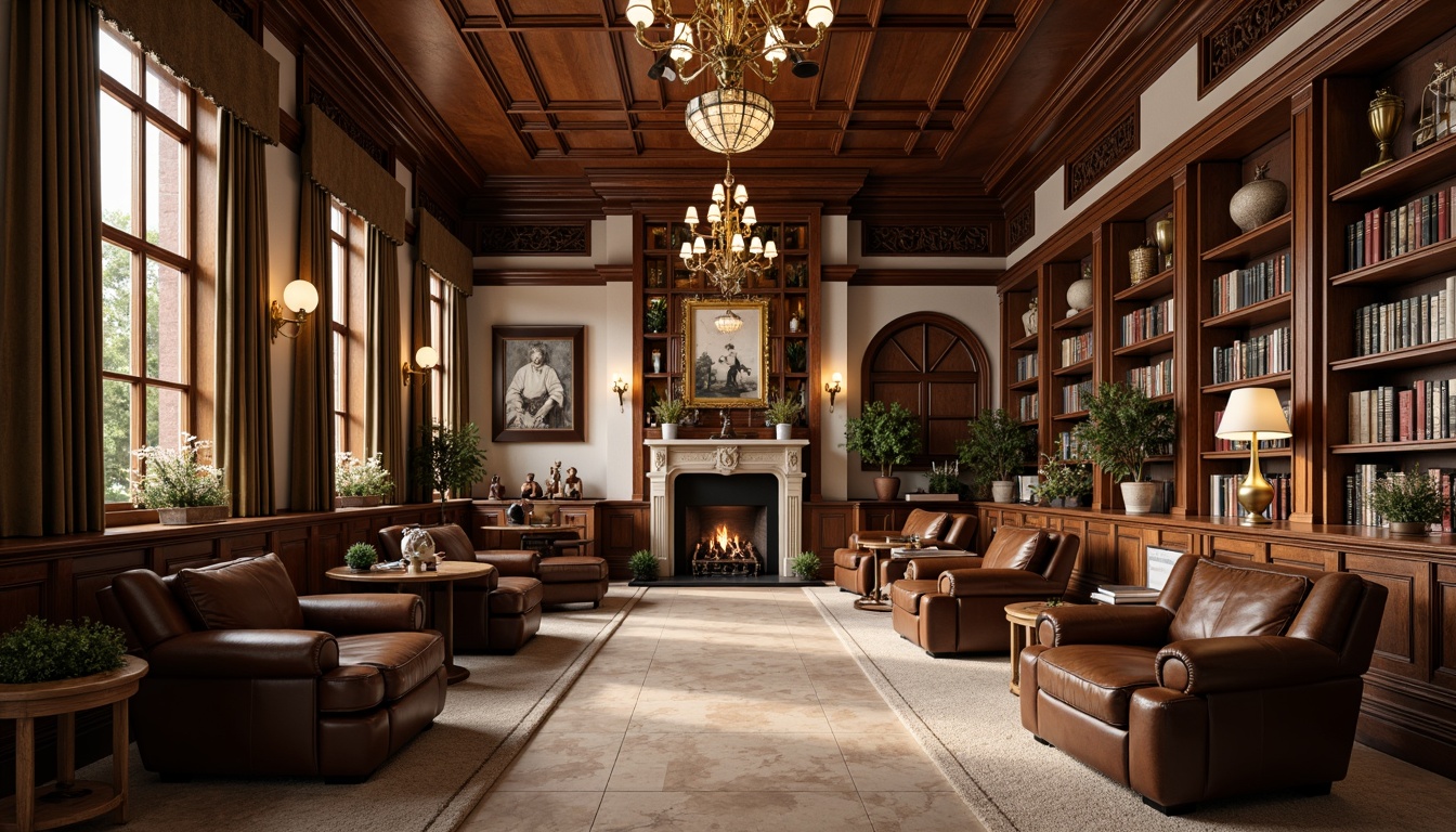 Prompt: Rich wood tones, dark leather furniture, earthy brown carpets, creamy white walls, subtle golden accents, classic library lamps, ornate wooden paneling, traditional bookshelves, vintage scientific instruments, muted greenery, warm beige stone flooring, elegant chandeliers, sophisticated architectural details, calm atmosphere, soft box lighting, 1/1 composition, realistic textures, ambient occlusion.