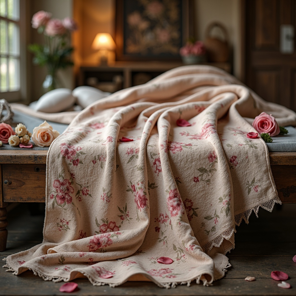 Prompt: Distressed velvet fabrics, soft pastel hues, vintage floral patterns, linen textures, natural fiber materials, gentle lace details, rustic wooden accents, worn leather elements, antique furniture pieces, warm candlelight ambiance, cozy throw blankets, faded rose petals, distressed finishes, ornate metalwork, classic European-inspired designs, romantic whimsical atmosphere, dreamy soft focus, 1/1 composition, intimate close-up shots.