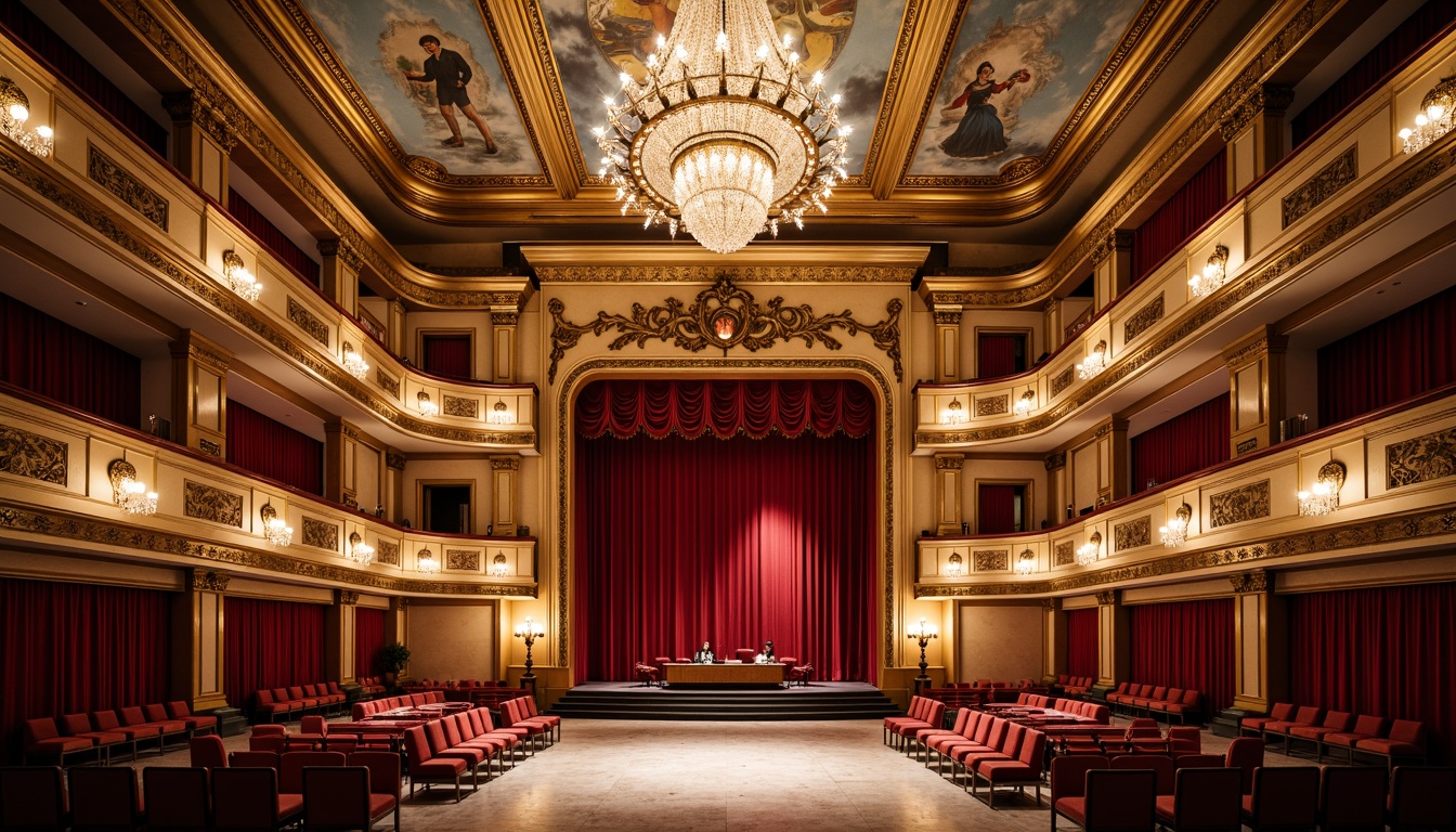 Prompt: Grand opera house, ornate details, gilded moldings, crystal chandeliers, red velvet curtains, golden balconies, intricate frescoes, marble floors, decorative columns, rich wood paneling, luxurious upholstery, opulent fabrics, ornamental plasterwork, dramatic spotlights, warm soft lighting, shallow depth of field, 1/1 composition, grand staircase, sweeping archways, regal atmosphere, classic elegance.