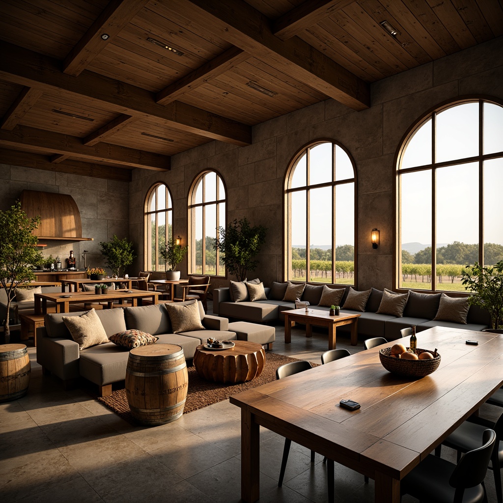 Prompt: Rustic winery setting, mid-century modern style, wooden barrel tables, industrial metal chairs, reclaimed wood accents, earthy color palette, vintage wine barrels, dim warm lighting, cozy nooks, plush sectional sofas, minimalist decor, natural stone walls, large windows, scenic vineyard views, warm afternoon sun, shallow depth of field, 1/2 composition, realistic textures, ambient occlusion.