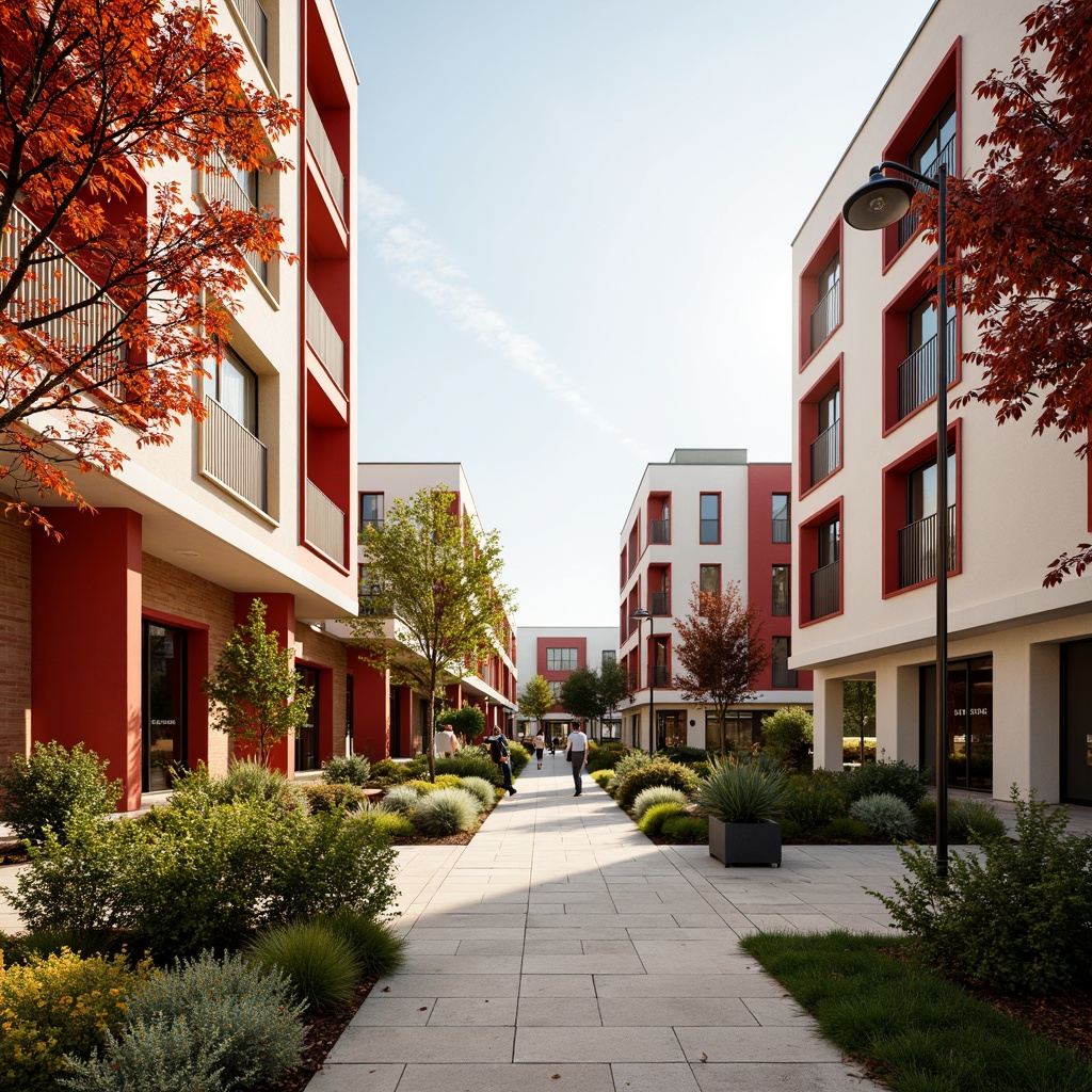 Prompt: Vibrant university campus, modern academic buildings, bold red accents, creamy white facades, rich wood tones, sleek metal details, lush greenery, blooming flowers, natural stone pathways, educational signage, warm golden lighting, shallow depth of field, 3/4 composition, panoramic view, realistic textures, ambient occlusion.