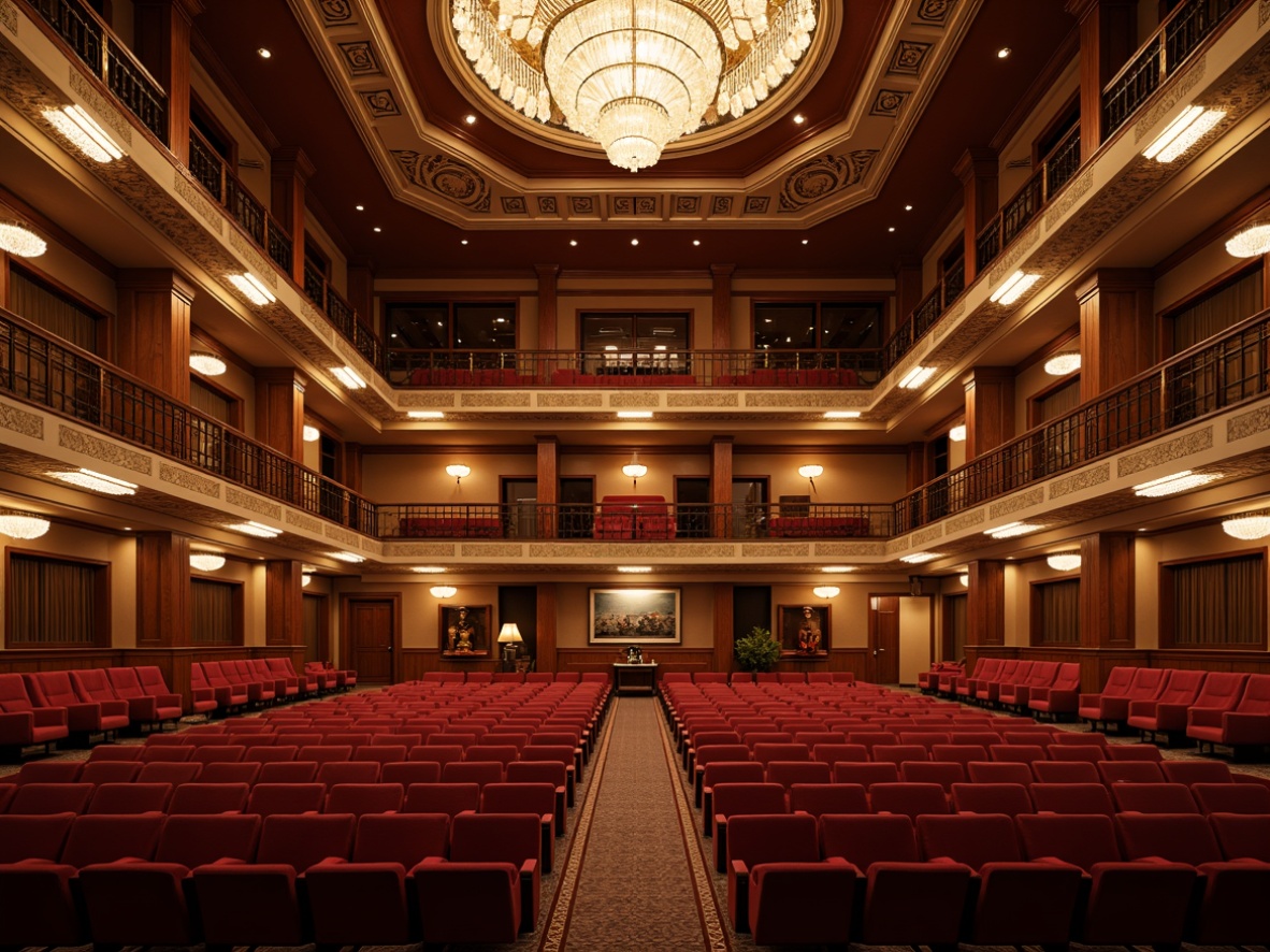 Prompt: Intimate concert hall, rich wood accents, ornate balconies, plush red velvet seats, intricate moldings, crystal chandeliers, sound-absorbing panels, diffusion systems, bass traps, adjustable acoustic curtains, tiered seating, warm golden lighting, precise sound reflections, 1/2 composition, dramatic spotlights, realistic textures, ambient occlusion.