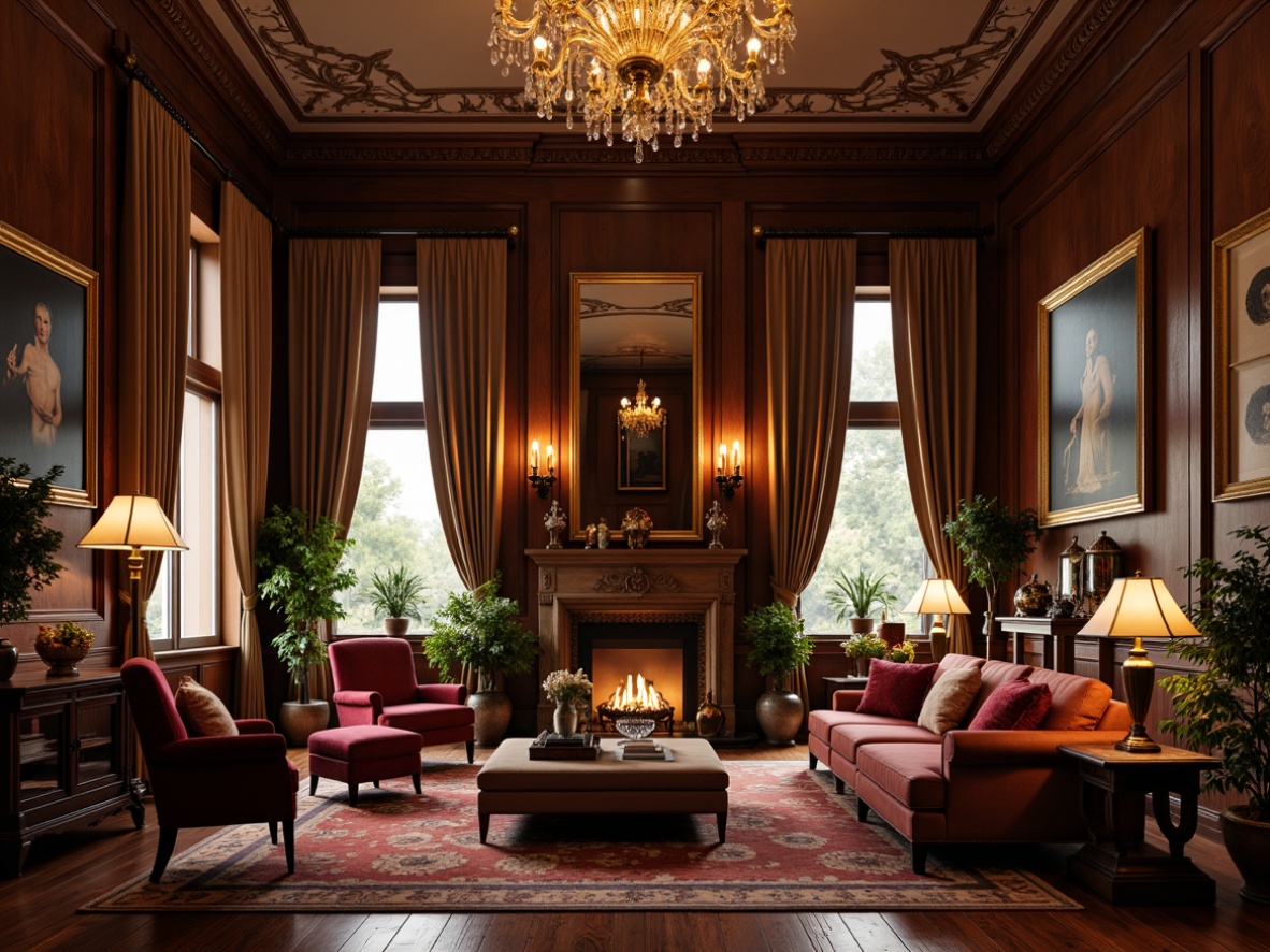 Prompt: Cozy family room, ornate chandeliers, warm golden lighting, rich wood paneling, plush velvet furniture, intricate patterns, classic oil paintings, ornamental mirrors, luxurious drapes, heavy curtains, soft candlelight, warm fireplaces, vintage lamp posts, elegant sconces, crystal glassware, majestic high ceilings, grand windows, natural daylight, subtle shadows, 1/1 composition, intimate atmosphere, realistic textures, ambient occlusion.