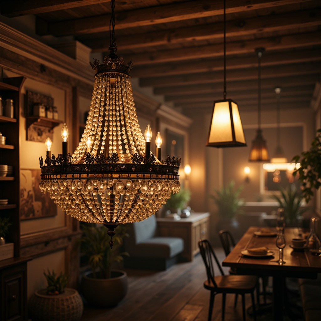 Prompt: Ornate chandeliers, crystal drops, bronze metalwork, vintage Edison bulbs, distressed wood finishes, rustic lanterns, pendant lights with natural linen shades, warm candlelight ambiance, soft golden glow, atmospheric fog effect, shallow depth of field, 1/1 composition, realistic textures, ambient occlusion.