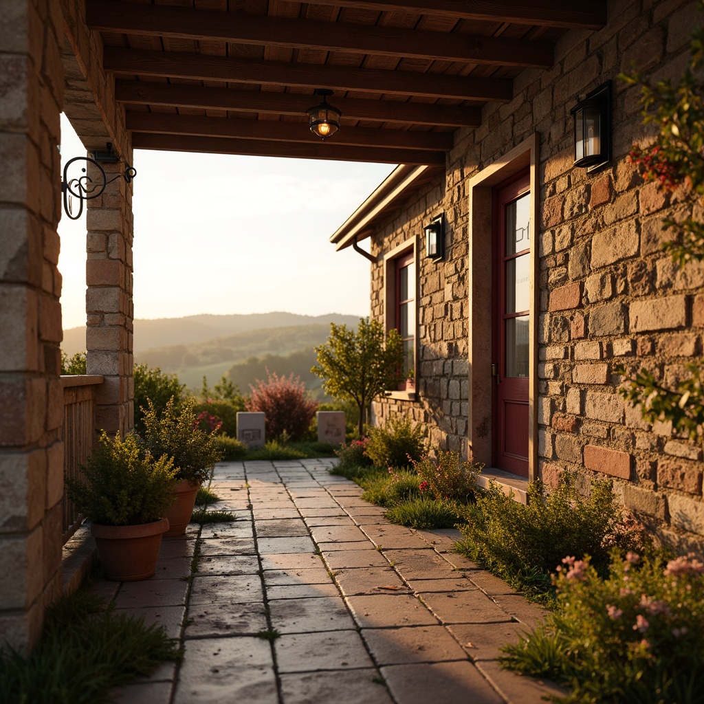 Prompt: Warm maroon hues, rustic stone walls, distressed wood accents, soft golden lighting, vintage metal lanterns, elegant curved lines, ornate ironwork, lush greenery, blooming flowers, countryside landscape, rolling hills, serene atmosphere, warm sunny day, shallow depth of field, 3/4 composition, realistic textures, ambient occlusion.