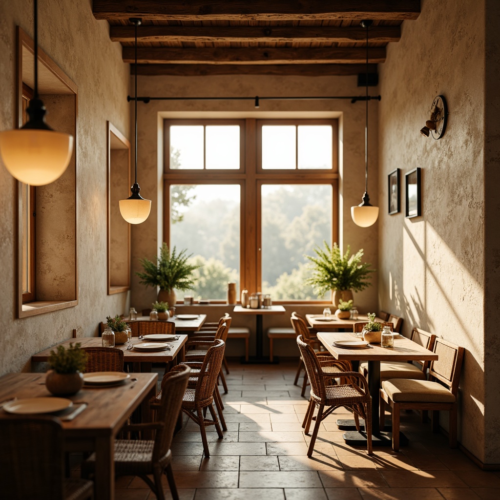 Prompt: Cozy breakfast nook, warm beige tones, soft morning light, pendant lamps, frosted glass shades, rustic wooden tables, woven wicker chairs, natural stone flooring, earthy color palette, intimate seating arrangement, subtle shadows, gentle highlights, ambient illumination, 1/2 composition, inviting atmosphere, realistic textures, warm color temperature.