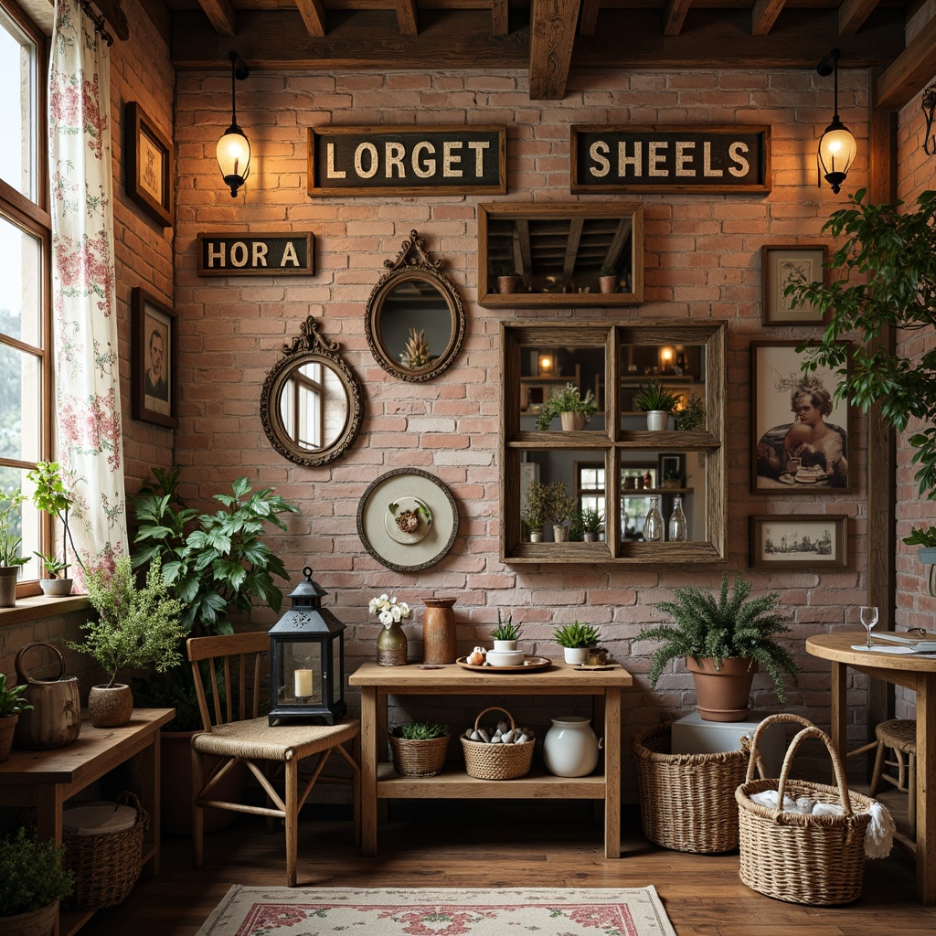 Prompt: Distressed wooden signs, vintage metal lanterns, soft warm lighting, rustic brick walls, distressed finish, ornate mirrors, antique furniture pieces, lace curtains, floral patterns, pastel color palette, natural textiles, woven baskets, artificial greenery, aged stone floors, eclectic decor, decorative shelves, ornate picture frames, faded photographs, romantic ambiance, cozy atmosphere, 1/1 composition, shallow depth of field, realistic textures, ambient occlusion.