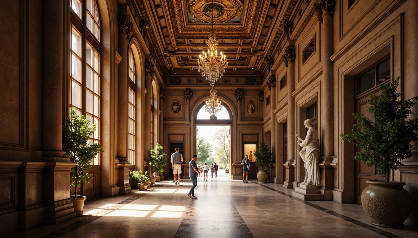 Prompt: Grand museum entrance, ornate stone carvings, rich wood paneling, marble floors, high ceilings, elegant chandeliers, intricate moldings, subtle texture contrast, warm golden lighting, soft shadows, 1/2 composition, shallow depth of field, realistic reflections, ornamental patterns, luxurious fabrics, Renaissance-inspired frescoes, classical sculptures, historic artifacts, refined atmospheric perspective.